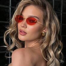 1pc Women's Rimless Metal Rhinestone Letter Y2K Style Fashion Glasses, Oval Letter Decor, Retro Academic Style Back To School Essential - Red - View 4