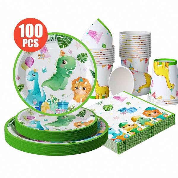 100/75/25/10pcs Kids Dinosaur Party Disposable Plates Napkins Cups, Dinosaur Theme Plates Napkins And Cups Party Supplies, Suitable For 25 Guests, Disposable Paper Plates Party Tableware Suitable For Birthday Party Family Picnic