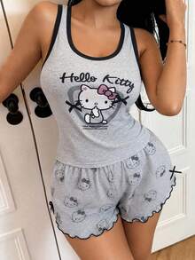 SANRIO Hello Kitty卡通印花吊带背心和短裤睡衣套装，女童休闲家居服，2件套 - 灰色 - 查看 2
