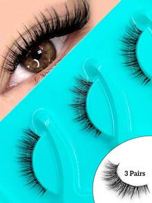 3 Pairs Natural Transparent Stem Soft Faux Eyelashes, Cat Eye Cross Thin Style, Portable Makeup Travel Lashes, Suitable For Beginners - 黑色 - 查看 1