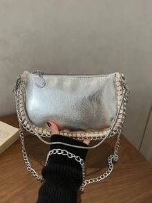 女款拼接珠飾鍊條斜背包，復古彩色雷射仿金屬派對信封包 - 銀色 - 查看 9