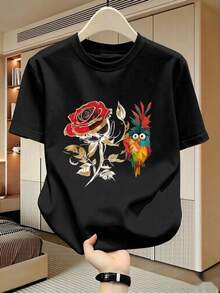 Camiseta% algodón con estampado vintage de rosas rojas, hojas doradas y loros. Manga corta, estilo casual urbano, corte holgado, para el verano. Adecuada para uso diario, fies - Blanco - Ver 7