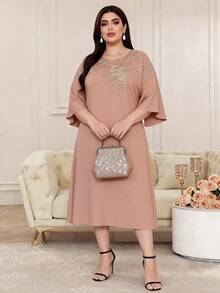 Heavy Embroidery Gold Arabic Women's Summer Mocha Brown Elegant Dress, JALABIA Ruffle Trim 3/4 Sleeve, Summer Casual Party Outfit - Mocha Brown - View 4