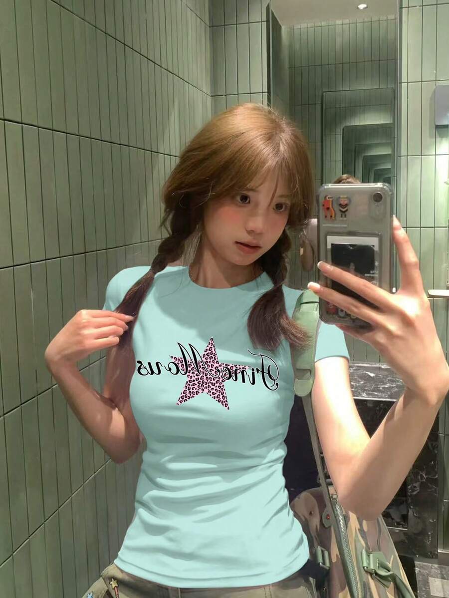 女款極簡星星與字母印花修身短袖T恤,夏季辣妹收腰顯瘦休閒上衣 - 薄荷綠-1 - 查看 1