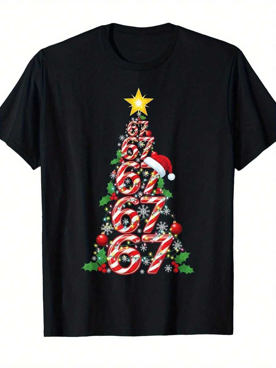 Playera Hombre Número 67 con Árbol de Navidad y Bastón de Caramelo, Humor - Negro - Ver 1