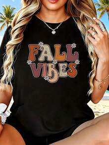 Women's T-Shirt, Autumn Vibes, Everyday Summer Wear - 黑色 - 查看 1