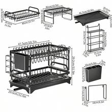 Kusuxva This Double-Layer Metal Kitchen Countertop Dish Rack Is Space-Saving And Durable. It Comes With A Knife And Fork Holder, Cup Holder, Cutting Board Holder, And Rust-Proof Drain Tray. Kitchen Storage Items Help You Keep Your Kitchen Neat And Organized. - 黑色 - 查看 8