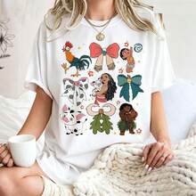 Disney Women's Oversized T-Shirt, Coquette Bow Moana Pua Heihei Tropical Floral Print, All-Season Casual Outfit - 白色 - 查看 1