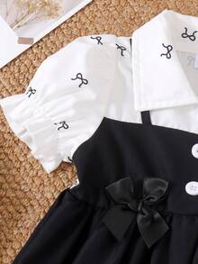 1pc Baby Girl Bow Decor White Collar Blouse Patchwork Black Dress, Elegant Lady Style - Black and White - View 5