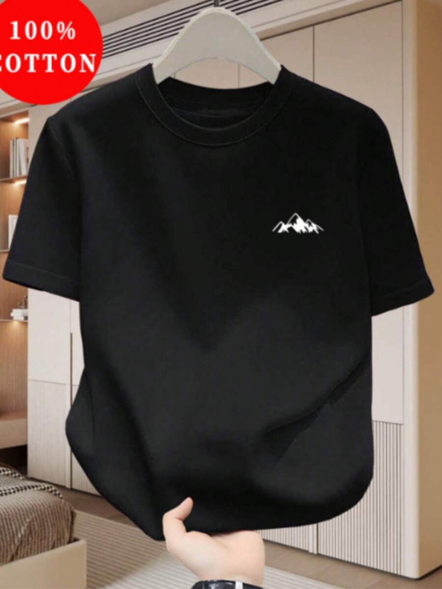 Men's 100% Cotton T-Shirt, Casual Cotton Crew Neck, New Men's Thin Summer T-Shirt - 黑色 - 查看 1