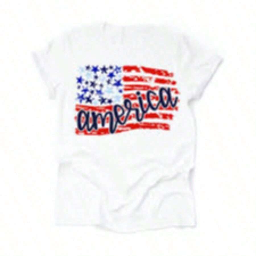 White T-Shirt For Toddlers With Patriotic 4th Of July Print, Casual, Short Sleeve, , Kindergarten Graduation, 4th Of July Girls, Children's Items, Clothing - 巧克力棕 - 查看 1
