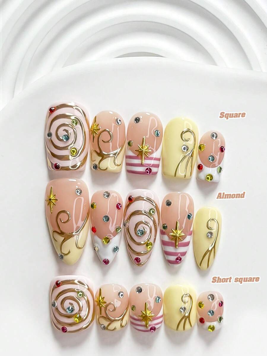 10Pcs Y2K Style Handmade Press On Nail,Polygel Nail Set,Colorful Rhinestone Accents And Starburst,Yellow And Pink Nail Polish,Edgy,Avant Garde Style,Includes Nail Tools,3 Sizes Available,Square,Short Square,Almond,Nails For Party,Dance,Daily Wear. - 彩色 - 查看 1