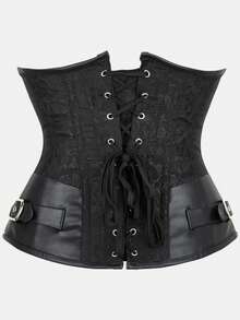 Black Dark Pattern Jacquard Rivet Waist Cincher Corset With Front Metal Hooks And Back Lace-Up Boning Waist-Shaping Gothic Punk Waist Trainer Vest - Black - View 4