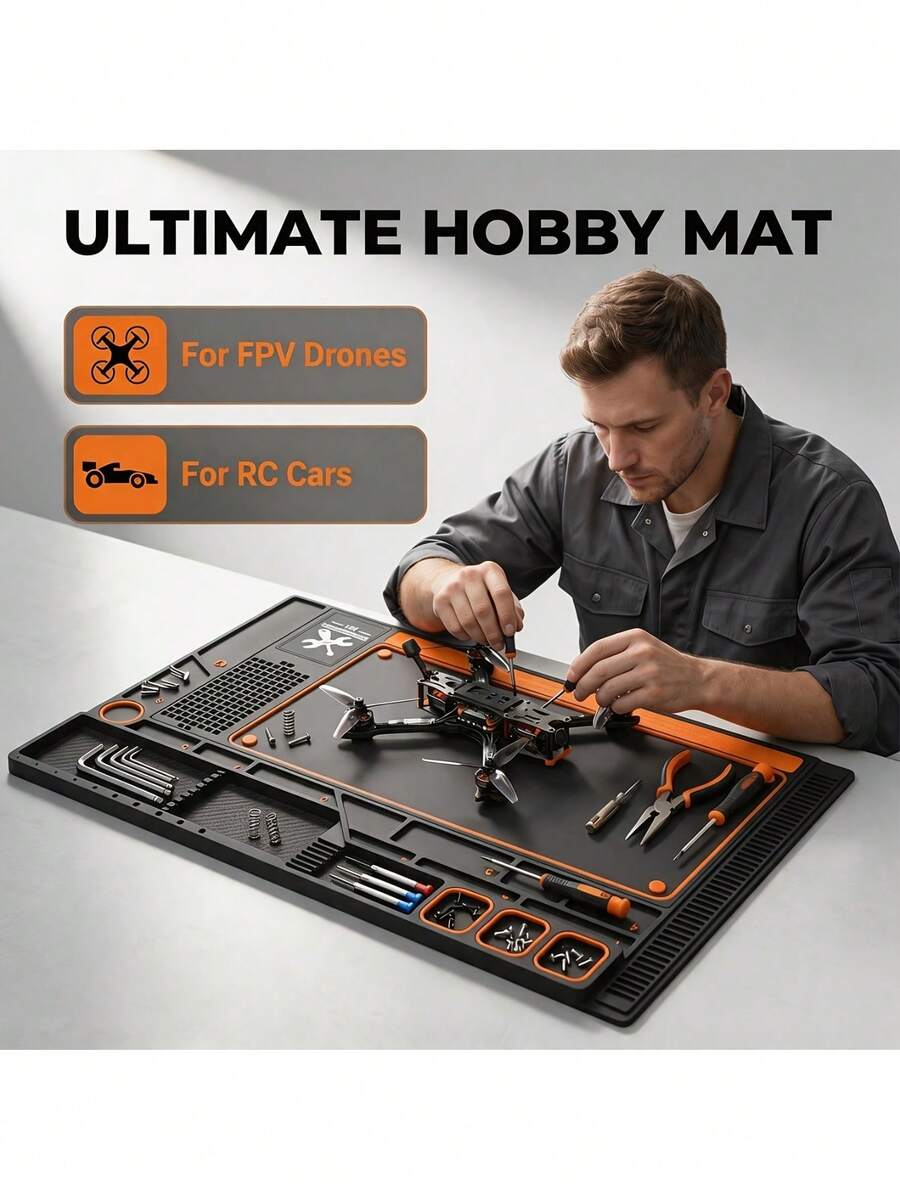 Modular Hobby Workbench Mat, Suitable For RC Cars, FPV Drones And Electronics - Premium Non-Slip Desk Mat With Parts Sorting Tray