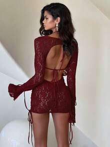 Nuevo conjunto de top de manga larga de encaje con cintas y falda corta de estilo casual monocromático - Burdeos - Ver 2