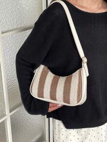 Fashionable Crescent Straw Woven Striped Pattern Handheld Underarm Shoulder Bag For Women - Brown - View 2