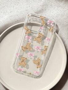Cute Teddy Bear Pattern Printed Phone Case, Compatible With IPhone 15 13 16 Pro Max 17 Pro Max 14, Pink Bow Cute Watercolor Bear Transparent Soft Silicone Protective Cover, Y2K Aesthetic, Ado - Clear - View 2