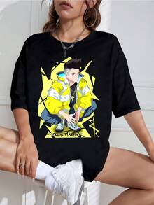 2026 New Arrival David Martinez Cyberpunk Yellow Jacket Anime Graphic Tee Unisex Plus Size Friendly Vintage Y2K Streetwear Dark Anime Aesthetic Otaku Fan Merch Graphic Short Sleeve T-Shirt - Black - View 1