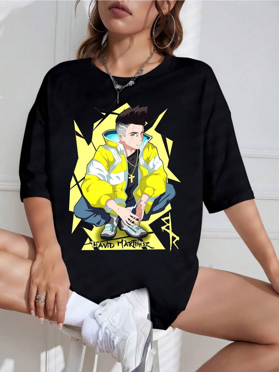 2026 New Arrival David Martinez Cyberpunk Yellow Jacket Anime Graphic Tee Unisex Plus Size Friendly Vintage Y2K Streetwear Dark Anime Aesthetic Otaku Fan Merch Graphic Short Sleeve T-Shirt - Black - View 1