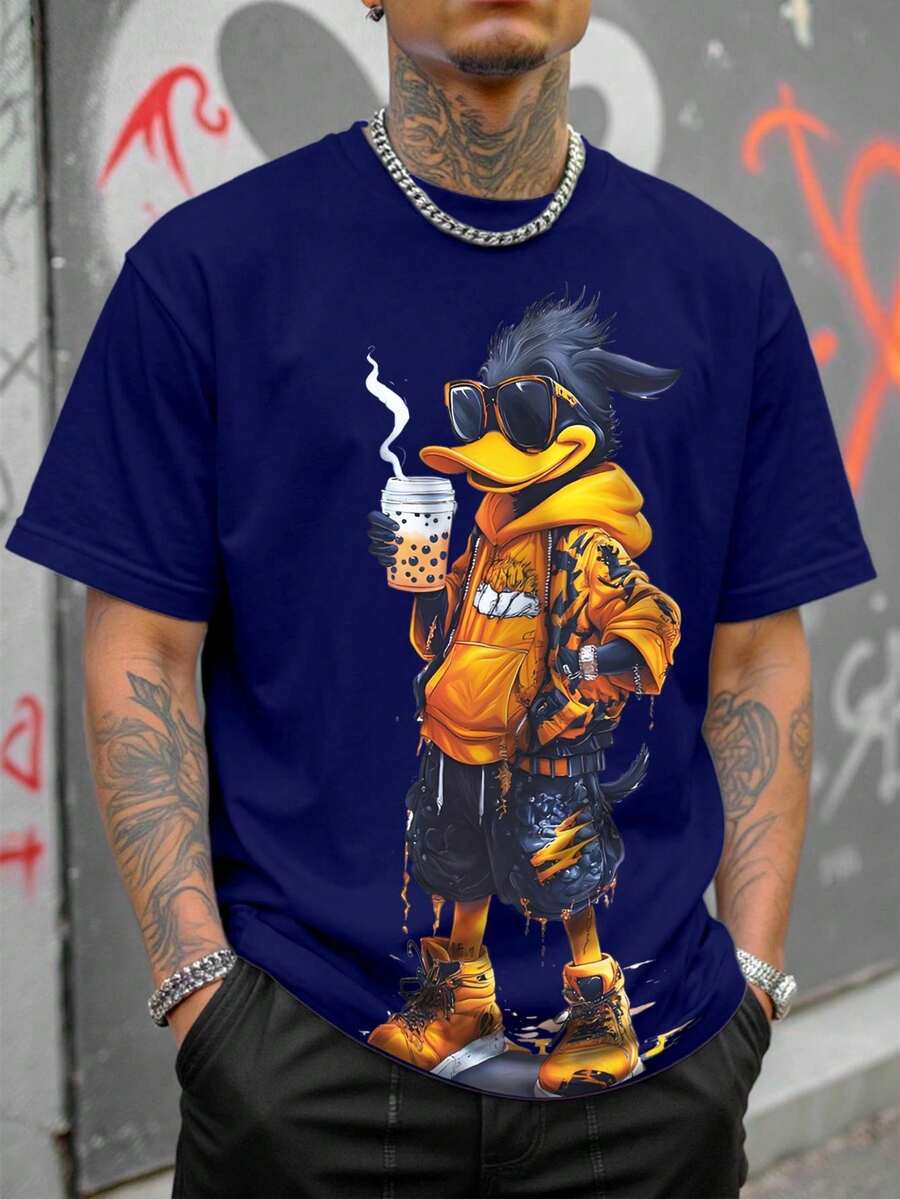 Camiseta de manga corta con estampado de dibujos animados para hombre Manfinity Dauomo, primavera/verano - Negro - Ver 1
