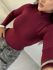Women's Bodysuit Kit, High Neck, Long Sleeve, Second Skin, Basic, Versatile, Fashion Blogger Style, - 酒紅色 - View 2