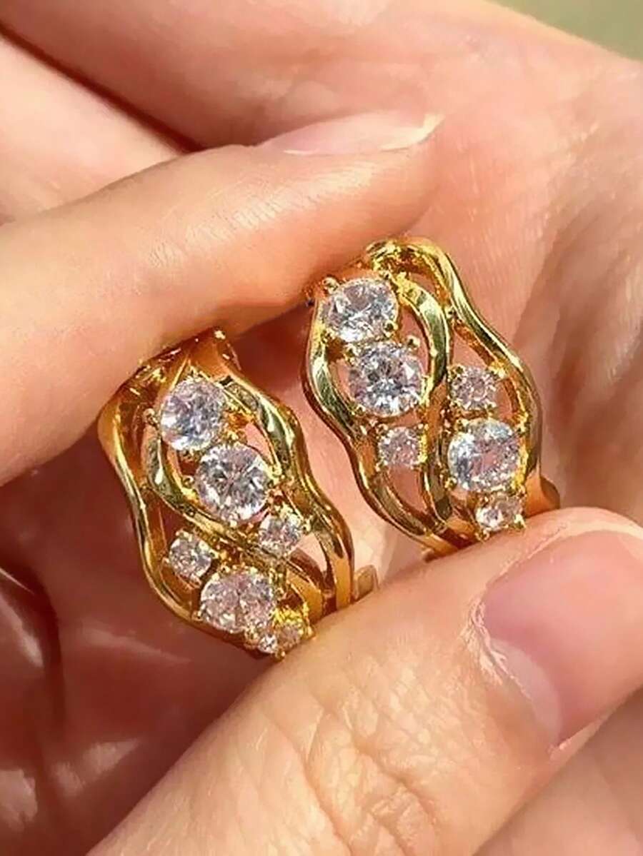 1 Paar elegante Creolen-Ohrringe mit kubischen Zirkonia, für Frauen entworfen, geeignet für Hochzeit, Verlobung, Jahrestagsparty, Valentinstagsgeschenk - Goldgelb - Übersicht 1