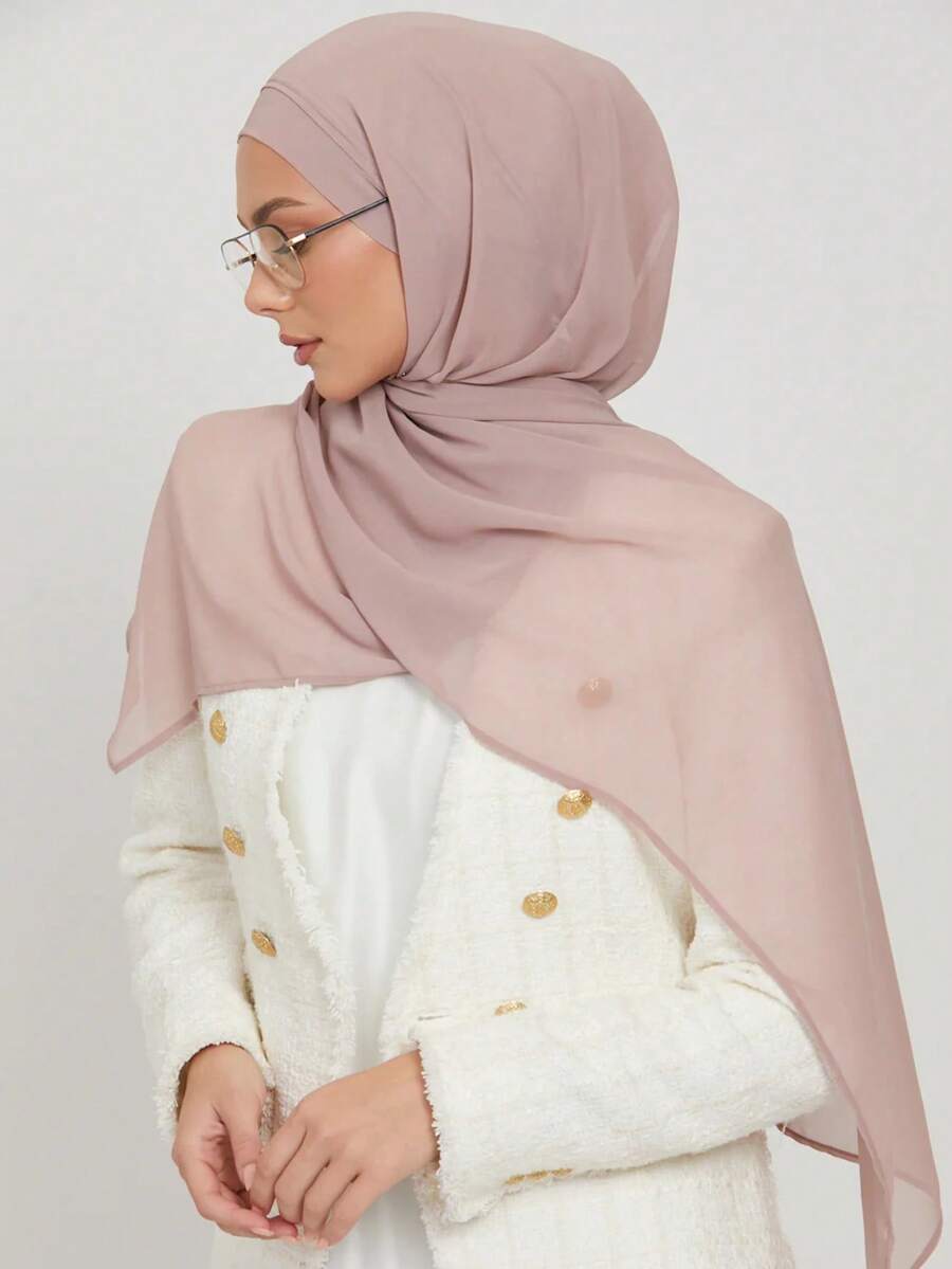 1pc Women's Solid Color Pearl Chiffon Soft Headscarf Arabic Casual Long Scarf Conservative Solid Color Headwrap Suitable For Daily Use - Khaki - View 1