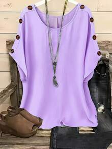 Plus Size Women's Clothing For Spring/Summer, Fashionable Casual Short Sleeve Round Neck Button-Down Solid Color - Purple - View 2