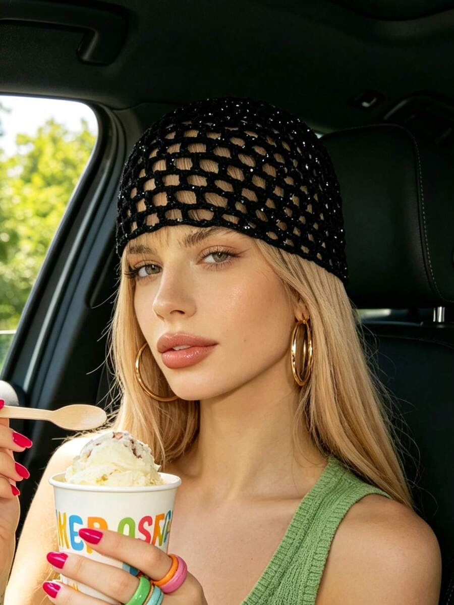 1pc Women's Spring/Summer Thin Hollow Out Sequin Decor Handmade Crochet Knit Hat, Suitable For Spring/Summer/Autumn Daily Outdoor Outfits, Random Sequin Color - Small Sequin Cutouts - View 1
