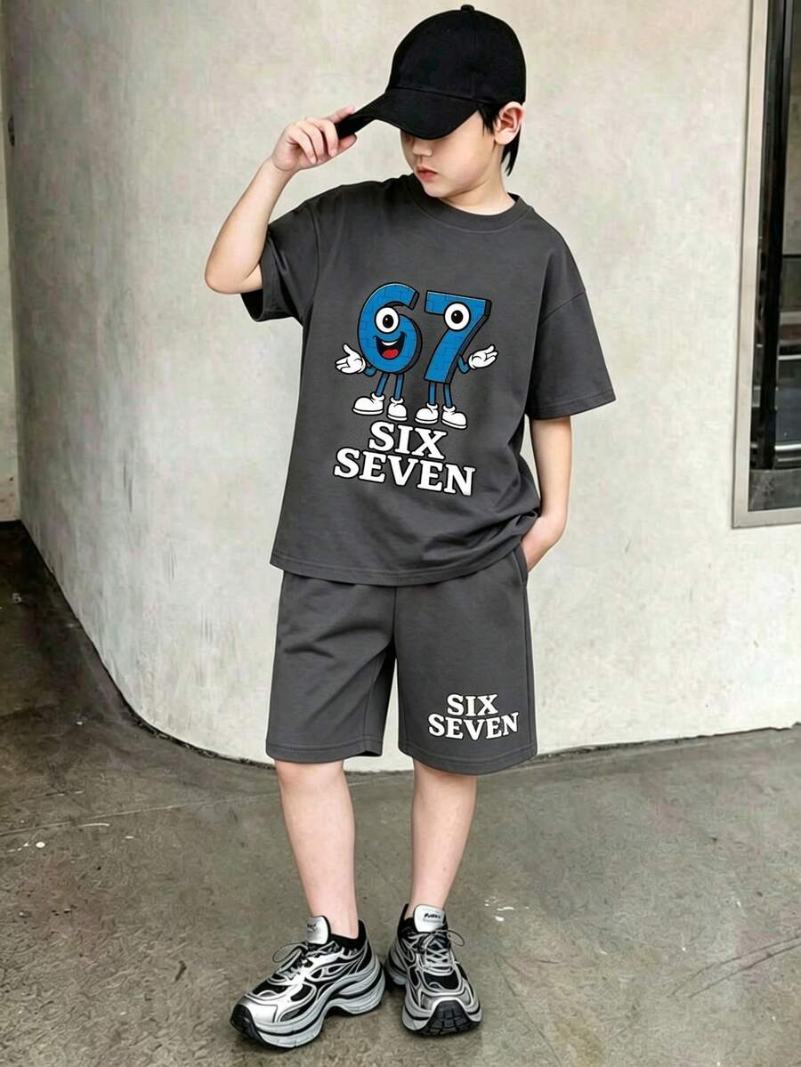 Bộ áo thun ngắn tay cổ tròn in hình hoạt hình dành cho bé trai tuổi teen và quần short. - Màu xám đen - Xem 1