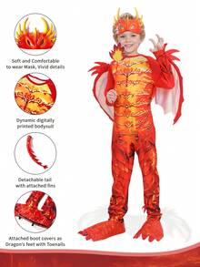 Kids Dragon Costume Set: Includes Headpiece, Jumpsuit, Wings, Tail, And Magic Wand. Suitable For Parties, Performances, And Imaginative Play. - Multicolor - View 4