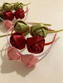 1pc Satin Rose Headband For Girls - Elegant Hair Accessory With 3D Ribbon Rose, Suitable For Parties, Weddings, School, Daily Wear (Pink, Burgundy, Olive Green) - Multicolor - View 6