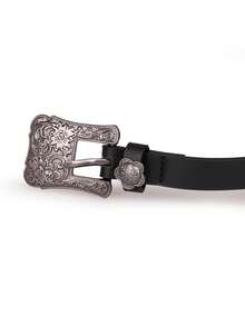 1pc Men's Vintage Carved European & American Casual Slim Belt, Black Versatile Classic Waist Belt - A - View 3