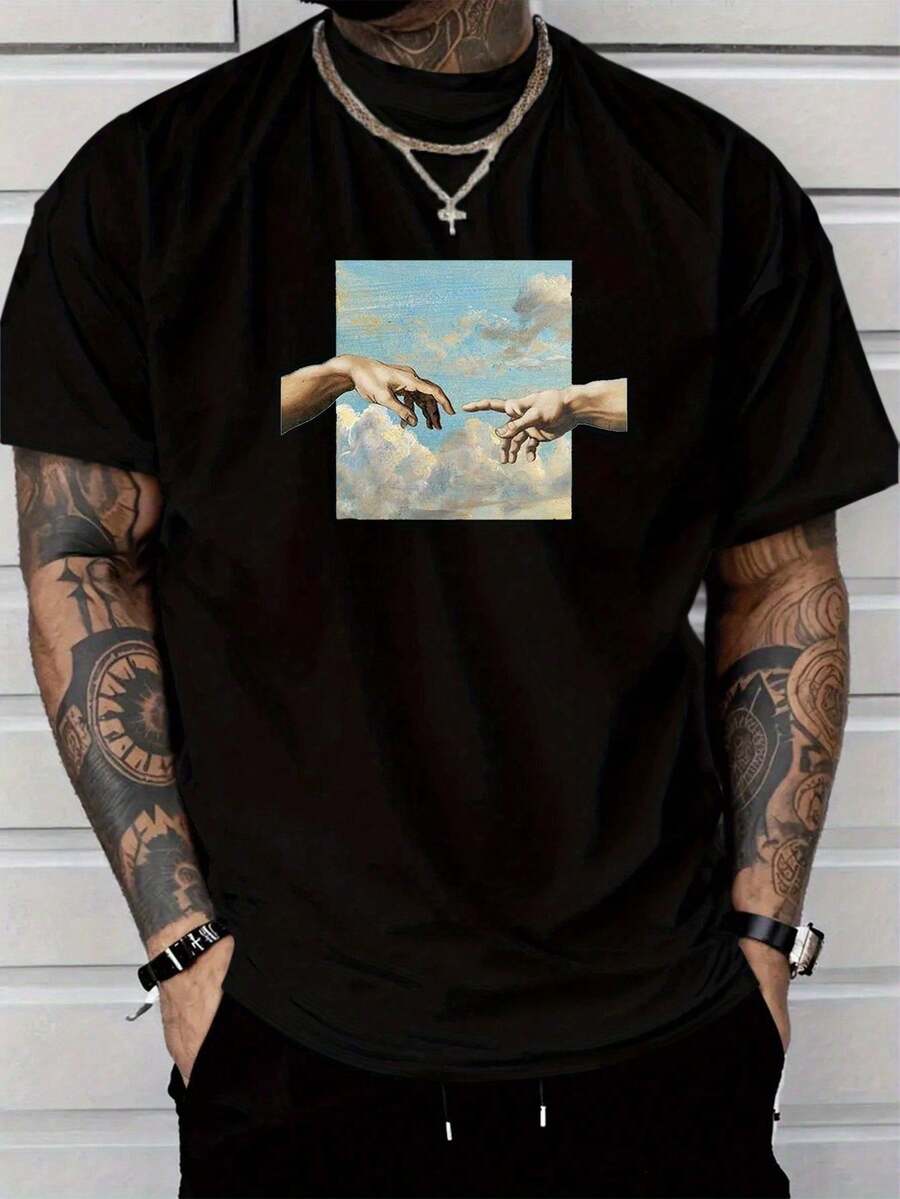 Men's 2025 Short Sleeve T-Shirt, Casual Fashion With Tentacle And Letter Graphic Print, 100% Polyester Fiber, Lightweight 180 G/M², Regular Fit And Round Neck, Comfortable Stretch Summer Fashion T-Shirt, Casual Style Fashion Clothing For Everyday Wear, Suitable As A Gift - 黑色 - 查看 1