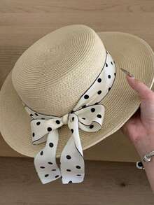1 Elegant Polka Dot Straw Hat, Suitable For Spring And Summer Wear. Suitable For Outdoor Activities, Beaches, Travel, And Vacations. Features Sun Prot - J - View 9