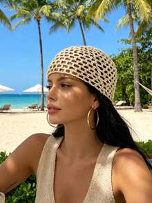 1pc Women's Spring/Summer Thin Hollow Out Sequin Decor Handmade Crochet Knit Hat, Suitable For Spring/Summer/Autumn Daily Outdoor Outfits, Random Sequin Color - Small Sequin Cutouts - View 5
