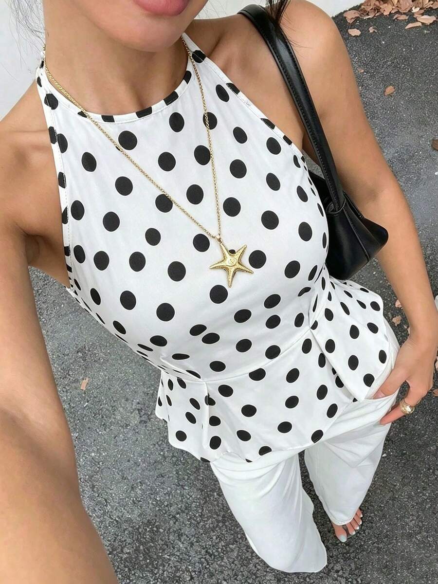 2026 Nueva Moda Elegante Camiseta de Tirantes con Cuello Halter a Lunares para Mujer, Adecuada para Playa, Cita, Uso Diario, Festival, Verano Blanco - Blanco - Ver 1