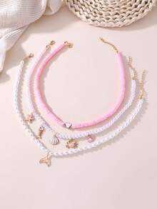 3pcs Girls Seed Bead Ocean Theme Shell Starfish Conch Pearl Necklace Set Combination Suitable For Daily Decoration, Vacation Decoration - Pink - View 2