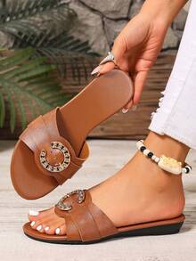 Women's Fashion Versatile Beach Solid Color Quilted PU Leather Pure Metal Plus Size Round Toe Spring Summer Lightweight Slip-On Brown Sandals - Brown - View 2