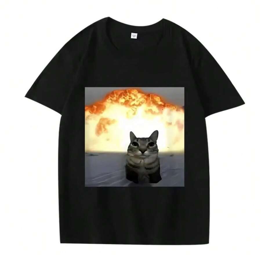 Camiseta Gráfica Retro Divertida con Meme de Gato Tomando Ibuprofeno, Camiseta Gráfica de Explosión de Gato Caprichoso, Moda de Verano Adecuada para Hombres y Mujeres - Negro - Ver 1