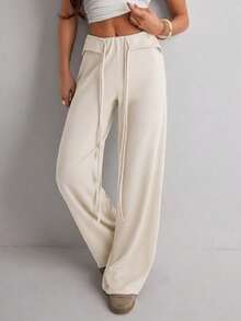 Women's Solid Color Drawstring Waist Wide Leg Loose Casual Pants - White - View 5