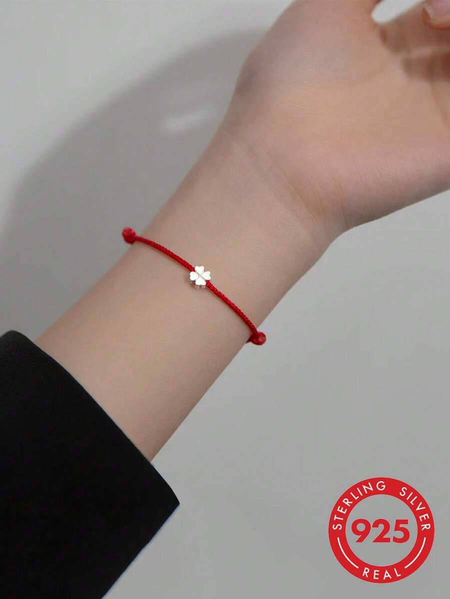 1 buah Gelang Tali Merah Kepang Daun Semanggi Perak Sterling 925 Sederhana, Segar & Elegan, Pembawa Keberuntungan, Hadiah Liburan, Cocok untuk Pemakaian Sehari-hari - Perak - View 1