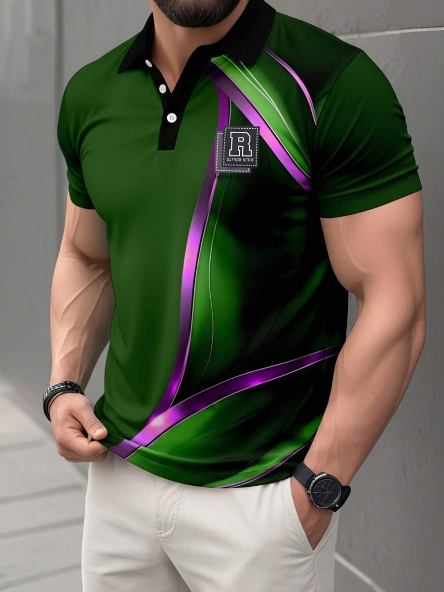 男士条纹休闲/商务休闲短袖 Polo 衫,春夏款 - 綠色 - 查看 1