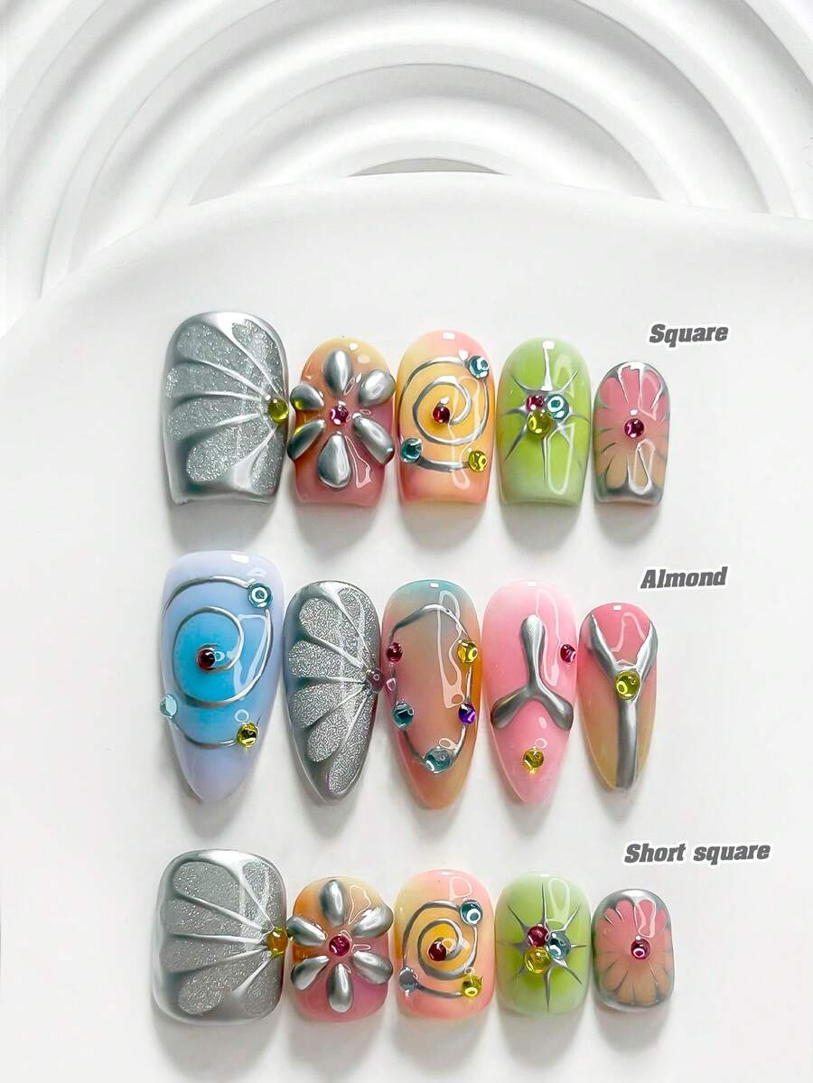 10pcs Y2K Style Handmade Press-On Nails, Polymer Nail Tip Set, Colorful Rhinestone & Line Design, Blue, Pink & Green Nail Polish, Sweet & Cool Style, Includes Manicure Tools, 3 Sizes Available, Square, Short Square, Almond Shape, Suitable For Parties, Dancing, Daily Wear - 彩色 - 查看 1