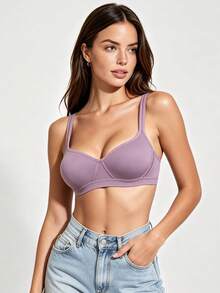 1pc Women's Comfortable Wireless Soft Cup Seamless Solid Color Bra - Lilac Purple - View 3