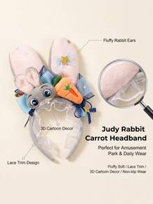 Disney Zootopia Judy Hopps Headband, Plush Rabbit And Carrot Rabbit Ears With Lace Bow And Stars, Soft Lace Headband, Suitable For Park, Cosplay And Daily Styling - Light Grey - View 3