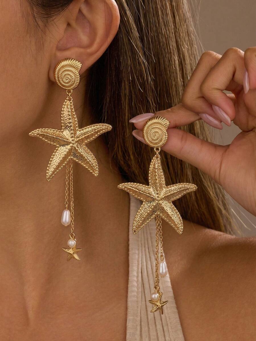 1 par de pendientes colgantes con borla de estrella de mar, concha marina, perla falsa y corazón, estilo playa para vacaciones de verano, pendientes de borla de cristal de alta gama de moda, adecuados para vacaciones en la playa, fiesta, uso diario, banquete, viaje, sesión de fotos, joyería - Amarillo Oro - Ver 1