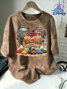 Disney Cars Town Racing Cars Gathering Print Washed Tee, Retro Racing  Casual Top, Daily Essential & Perfect As Gift - Khaki - View 1