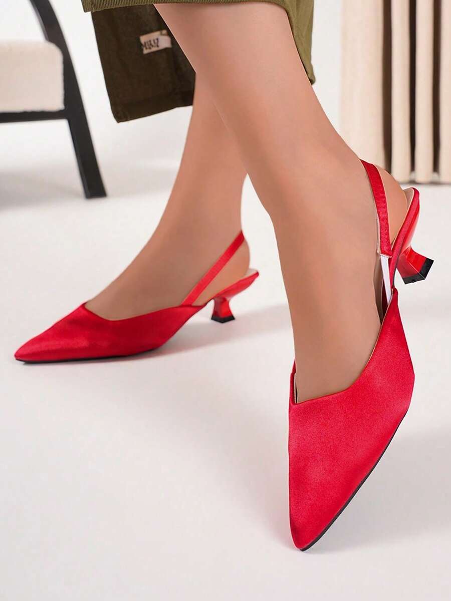 French Style Bright Red/White Shiny Pointed Toe Slingback Kitten Heel Sandals, Elegant Commuter Wedding Shoes 2-In-1, Glossy Red/White Pointed Toe Low Heel Slingback Sandals, Single Strap Stiletto Low Vamp Versatile Shoes - Red - View 1