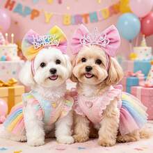 2PCS Happy Birthday Bow Dog Headband, Adjustable Pet Collar, Suitable For Small And Medium Sized Dogs And Cats, Pink Birthday Party Dress Up, Gradient Bow Colors Randomly Available - Multicolor - View 1